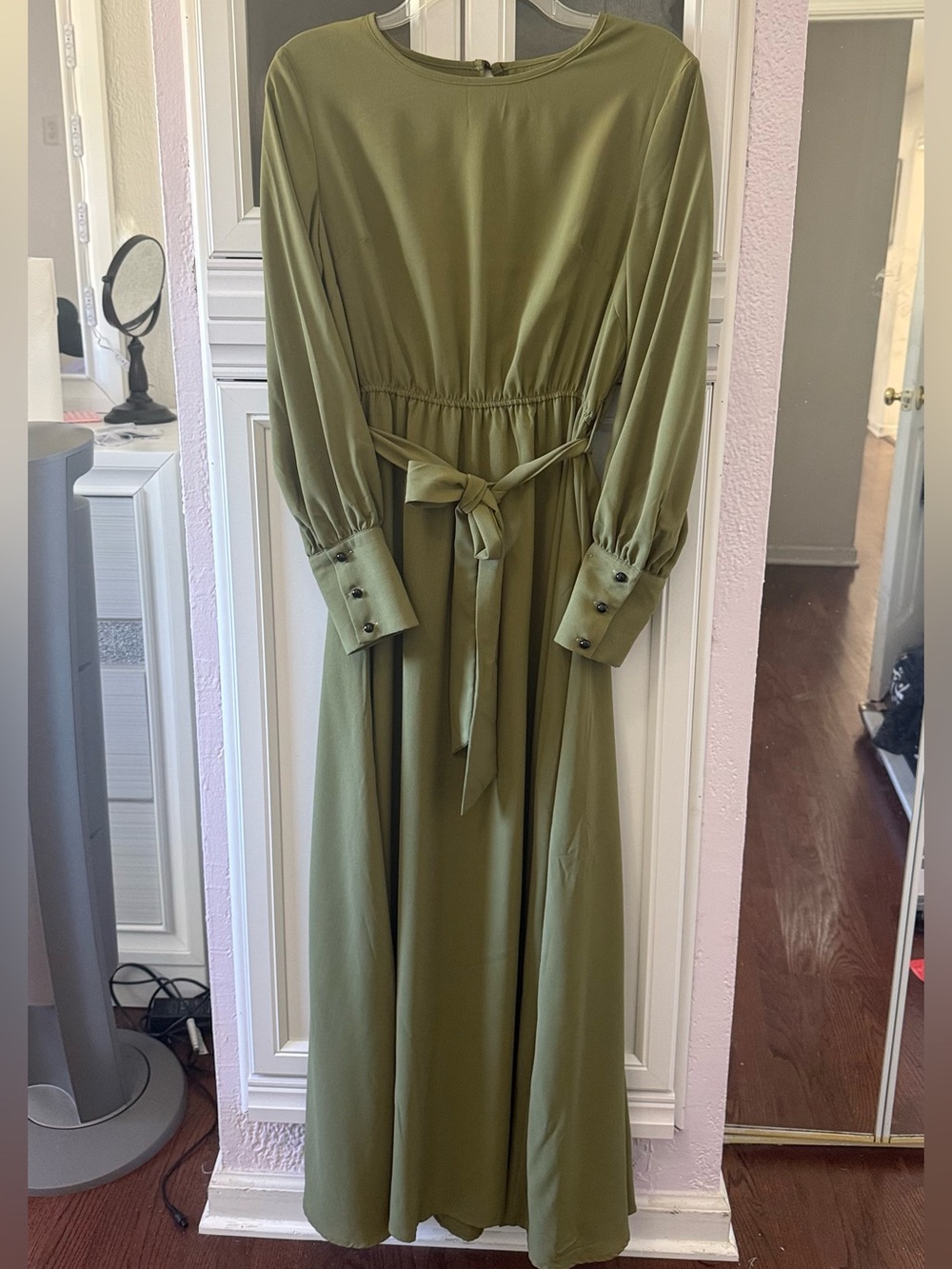 Olive Green Long Sleeve Maxi Dress with Waist Tie
